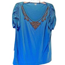 A.N.A. Women&#39;s Blouse Blue Brown Beads Short Sleeve Ruched Drawstring L - $18.97 CAD