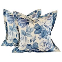Pair Pillow Covers P Kaufmann Aqua Blue Cream &amp; Gray Floral Roses Daisies - £50.35 GBP