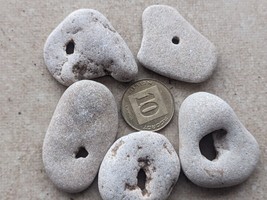 5 Medium Beach Natural Flat Pebbles Stone Rock with holes from Israel  #2 - £3.71 GBP