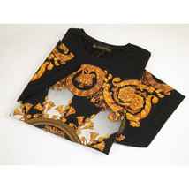 Men LAVERITA European Fashion Crew Shirt Rhine Stones Crown Florals 12089 Black image 6