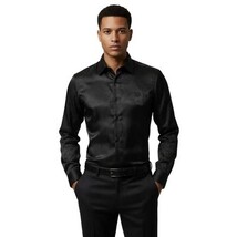 Men's Sports Shirt By Moderno Fancy Silky Satin Long Sleeves MJLS-143 Black image 7