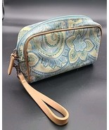 Talbots Cotton Cosmetic Case Wristlet Faux Leather Trim Blue Floral Trav... - $9.99