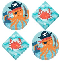 Ahoy Pirate Octopus &amp; Shark Birthday Paper Dessert Plates and Beverage N... - £16.15 GBP