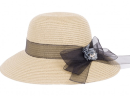 Blue Flower Black Bow Paper Golf Tennis Beach Women&#39;s Sun Hat - Beige - £31.96 GBP