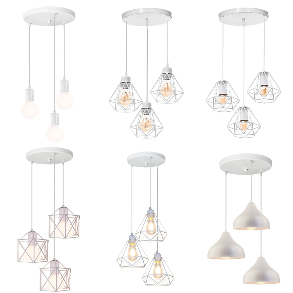 3 Heads E27 White Pendant Lights Modern Iron Cage Ceiling Hanging Lamp - $38.81+