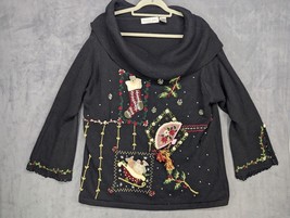 Victoria Jones Womens 1X Black Christmas Sweater Embroidered Beading - $18.69