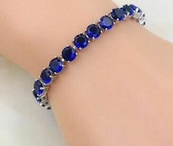 10Ct Round Cut Simulated Blue Sapphire Tennis Bracelet 14K White Gold Plated - £207.86 GBP