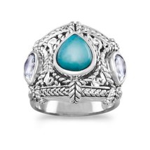 Sterling Silver Blue Topaz &amp; Turquoise Ring - £49.35 GBP