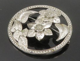 925 Sterling Silver - Vintage Sparkling Flowers Motif Round Brooch Pin - BP5931 - £38.52 GBP