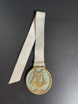Vintage Art Deco Israel Brass Verdigris Enamel Lyre Bookmark w/ Suede Strap - $29.00