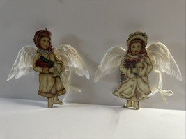 2VTG Victorian Russ Berrie &amp; Co Porcelain Tree Angel Ornament Real Feather Wings - £15.66 GBP
