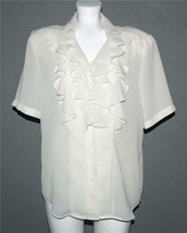 VTG JORDAN Ivory Ruffled Front Classic Lapel Collar Semi-Sheer Blouse Wm... - $19.99