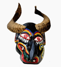 Vintage Diablo Devil Dance Mask Wood Real Ram Horns Mexico Guatemala Fol... - £245.87 GBP