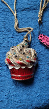 New Betsey Johnson Necklace Cupcake Red Multicolor Rhinestone Dessert Decorate - £11.71 GBP