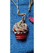 New Betsey Johnson Necklace Cupcake Red Multicolor Rhinestone Dessert De... - £11.72 GBP