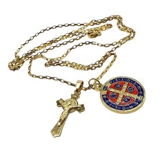 Catholic Cross St Benedict Medal Necklace, Gold Chain For - £72.75 GBP