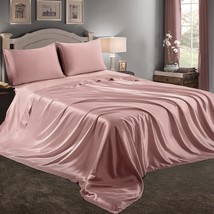 4 Piece Pink Champagne Satin Sheets Queen Size Satin Bed Sheets Set Silky Satin  - £42.70 GBP