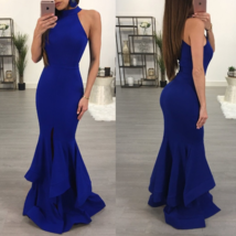 Elegant Halter Mermaid Women Evening Dress Royal Blue Floor Length Dress - £115.56 GBP