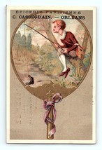 1800s Victorian French Orleans Trade Card Grocery Wines Chocolates Fishing Boy - £6.92 GBP