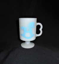 Milk Glass Pedestal Mug Cup Vintage Blue Rocking Horse - $14.85