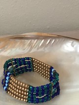 Estate Shades of Blue &amp; Gilt Bead Wide Stretch Bracelet  - will fit small to med - £8.17 GBP