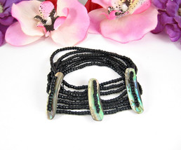 Abalone Shell &amp; Black Seed Bead Bracelet Vintage 7 Strand Beaded Seedbead - £16.57 GBP