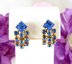 DRIPPY Blue RHINESTONE DANGLE EARRINGS Vintage Cascade Drop Screw Back G... - £14.96 GBP