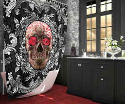 Skull Shower Curtain, Goth Home Decor, Silver with Red tattoo, Baroque Curtain - £56.75 GBP