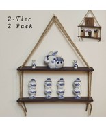 Two 2-Tier Wood Floating Wall Shelves Swing Rope Hanging Wall Decor Shelf - $284.92 MXN