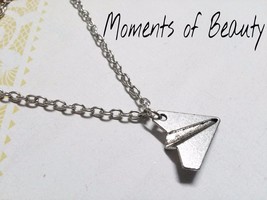 Paper Airplane Necklace Antique Silver Tone Origami Long Jewelry 23&quot; - £7.06 GBP