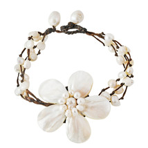 Tropical Chic Shell and Pearl Flower Multi Layer Cotton Rope Toggle Bracelet - £11.60 GBP