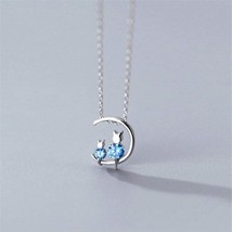 New Korean Style Blue Crystal Moon Cat 925 Sterling Silver Jewelry Temperament P - £9.82 GBP