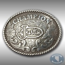 Vintage Belt Buckle Justin Name Champion Western Cowboy Southwest Tooled... - $35.40