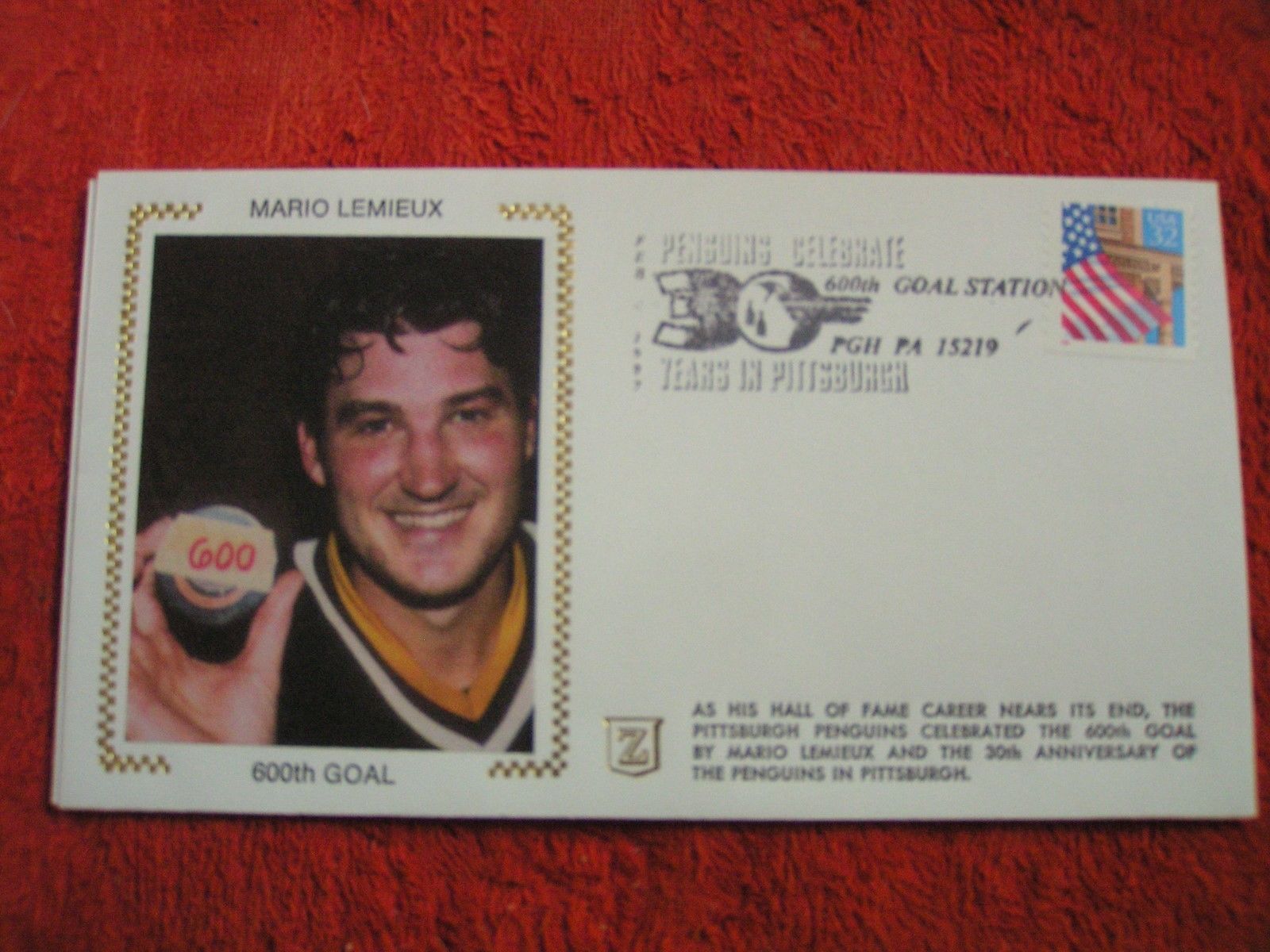 Primary image for NHL Mario Lemieux 600th Goal Pittsburgh Penguins FDC CACHET ENVELOPE  2/1997