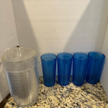Vintage Majestic Pitcher &amp; 4 Tumblers Cobalt Blue Ribbed Clear Lid 80s Patio - £27.32 GBP
