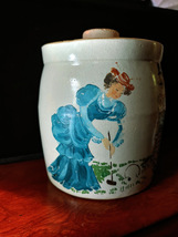Old Crock with lid Handpainted with a Victorian Couple Playing Croquet  image 2