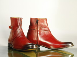 Handmade Men&#39;s Burgundy Leather Jodhpur Boots, Men Buckle &amp; Zipper Desig... - £125.85 GBP+