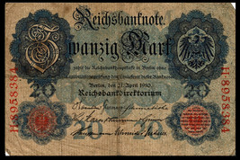 Germany Reicksbank P40b, 20 Mark, eagle arms / scrollwork 1910 VG $15 Ca... - $1.44
