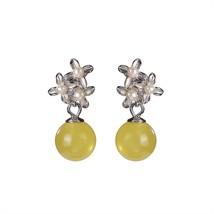 S925 sterling silver natural amber pearl stud earrings retro personalized flower - £58.12 GBP