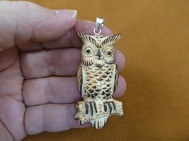 j-owl-84) white brown Horned Owl aceh bovine bone PENDANT carving Strigi... - $18.93