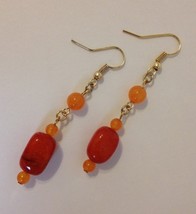 Orange Quartzite Stone Beaded Earrings Handmade Gold Metal Pierced Dangle Hook - £22.37 GBP