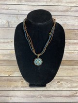 Beaded Necklace With Turquoise Pendant.Brown and Blue Beaded - £15.46 GBP