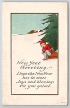 New Year Greeting Girl Red Coat Hat With Tree On Sled  Postcard T26 - £6.35 GBP