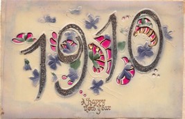 1910-A Happy New YEAR-HEAVILY EMBOSSED-GILT Glitter Airbrush Postcard - £8.20 GBP