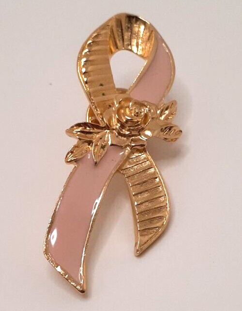 Primary image for Avon Breast Cancer Awareness Ribbon w/Rose Lapel Pin Brooch Signed Vintage