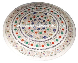White Marble Round Dining Table Top Inlay Gem Multi Mosaic Restaurant Decor H903 - £2,376.17 GBP+