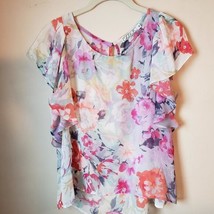 Chloe K Sheer Watercolor Floral Print Hi-Lo Top Ruffled Sleeves Medium - £16.88 GBP