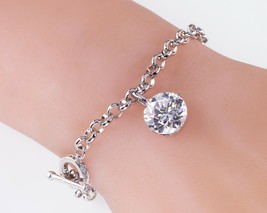 Sterling Silver Large CZ Charm Bracelet w/ Toggle Clasp 7&quot; - £91.42 GBP