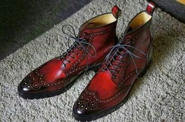 Handmade Wing Tip Burnished Brogues Toe Red Color Lace Up High Ankle Men Boots - £127.59 GBP+