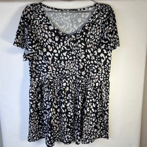 Abstract Print shirt tunic Short Sleeve Casual Black Brown White Size L - $17.82